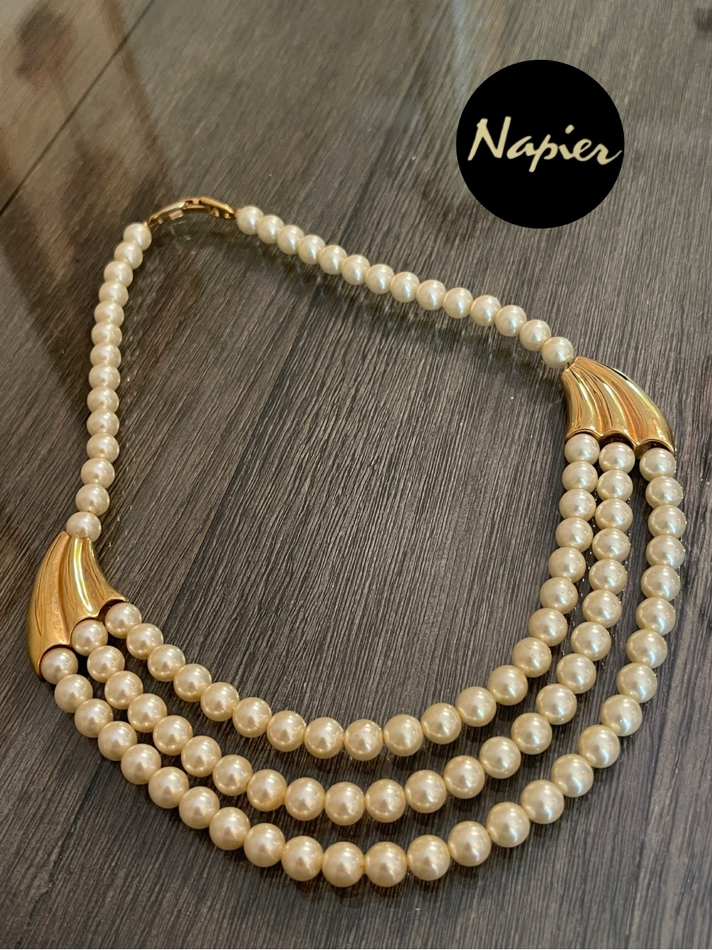 Vintage Napier Three Strand Waterfall Faux Pearl Necklace - Ivory/Cream 18” appr